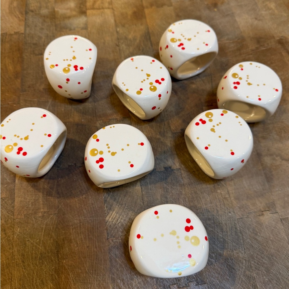 Vintage Ceramic Retro White Red and Gold Speckled Napkin Rings Set of 8